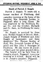 SUPPLE, Patrick J Obituary
Fitchburg Sentinel, Wednesday, April 6, 1932